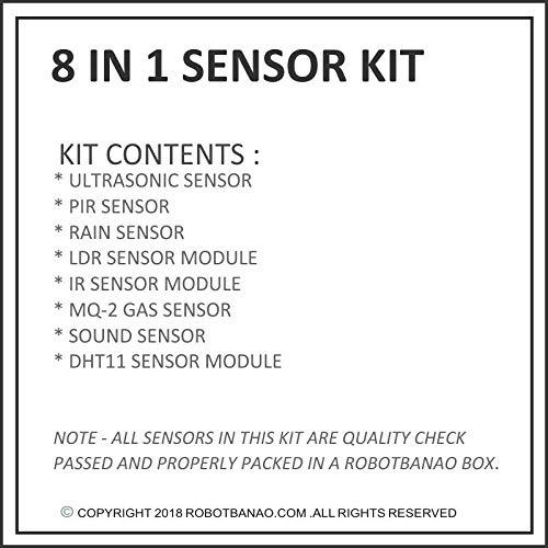 8 In 1 Mini Sensor Kit with PIR, Ultrasonic Sensor, IR Sensor, LDR, Rain Sensor, Sound Sensor, Mq- 2 Gas Sensor, DHT 11 - Robotbanao.com