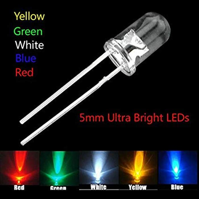 100 Pcs 5mm Ultra Bright LEDs Set (20 LEDs x White, Yellow, Red, Green, Blue) - Robotbanao.com