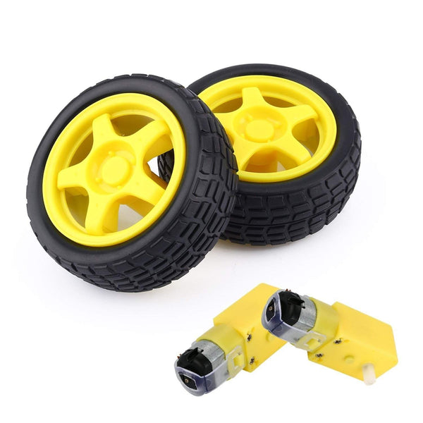 2 x Duel Shaft BO Motor With Wheel, Black and Yellow, 2 Sets (Combo) - Robotbanao.com