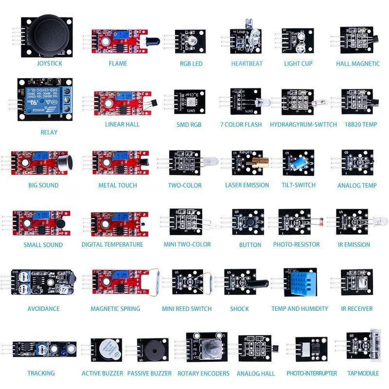 37 in 1 Ultimate Sensor Modules Kit for Arduino Uno R3, Mega 2560, Raspberry Pi and All Microcontrollers, White - Robotbanao.com