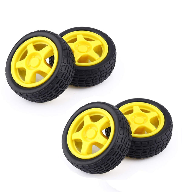 4 Pcs x Wheel for BO Motor - 65mm Rubber Wheels, Yellow (BO Wheels) - Robotbanao.com