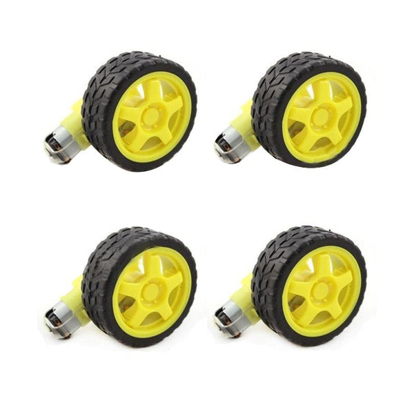 4 x Duel Shaft BO Motor With Wheel, Black and Yellow, 4 Sets (Combo) - Robotbanao.com