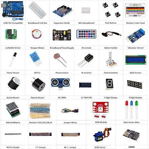 Super Starter Kit for Arduino Uno R3 Compatible with Arduino - Combo Set-Robotbanao.com-16x2,breadboard,capacitors,dht11,jumper wire,led,resistors,rgb led,sg90,super starter kit,unor3,usb