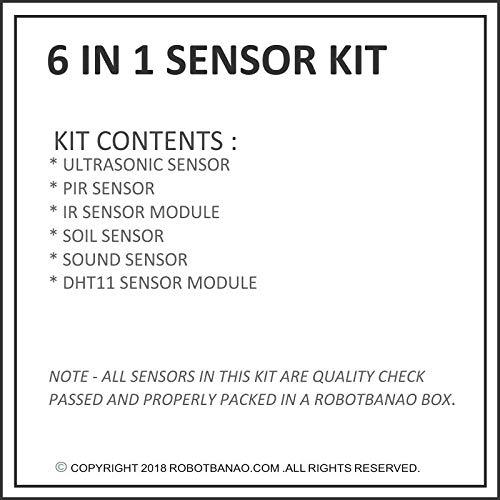 6 In 1 Mini, Pir, Ultrasonic, Dht 11 Temperature, Ir Proximity1 Ultimate Sensor Modules Kit With Sound SensorUno R3, Mega 2560, Raspberry Pi and All Microcontrollers, Multi Colour - Robotbanao.com