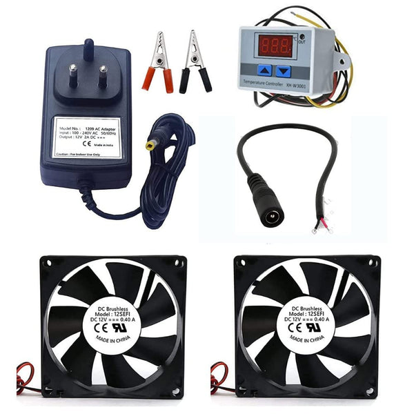 Combo of W3001 Temperature Controller With 2 Piece 3inch Fan + 12v 2amp Adapter + Alligator Clip + DC Female Jack