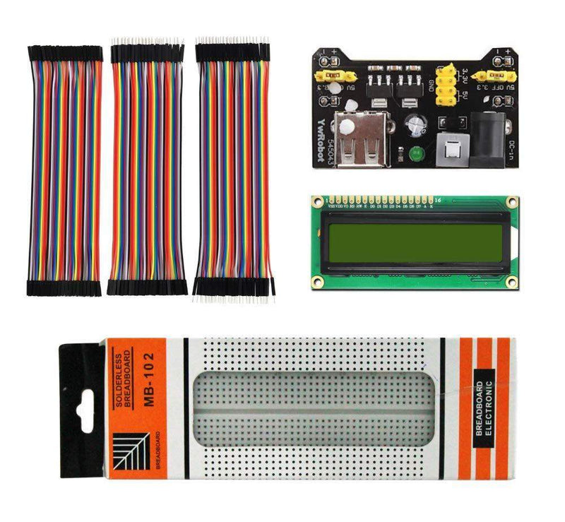 Basic Breadboard Kit With Lcd 16x2, Mb102 Breadboard, Power Supply and Jumper Wire, Multi Colour-Robotbanao.com-1602 screen,16x2 lcd,breadboard,breadboard kit,Breadboards and PCBs,jumper wires,power supply module,robotics accessories,robotics kits