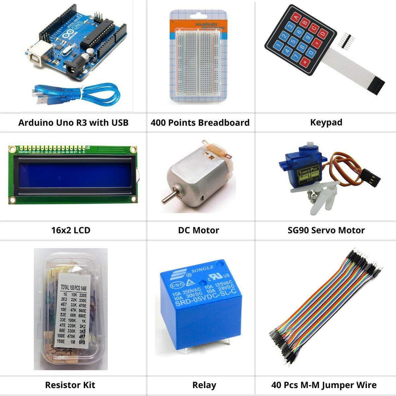 Project Basic Starter Kit compatible with Arduino IDE for Science Project - Combo Set-Robotbanao.com-basic starter kit,breadboard,for science projects,Learning and Robotics Kits,Motors,project basic starter kit,resistors,robotics accessories,sg90,uno r3 board with usb