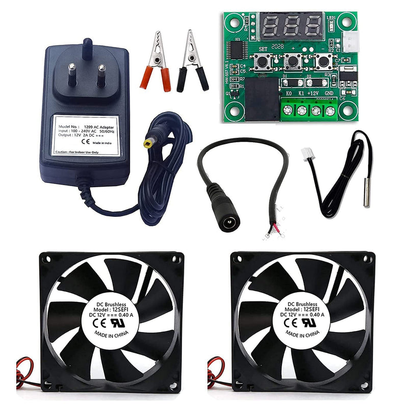 Combo of W1209 digital temperature controller with 2 piece 3inch fan + 12v 2 amp adapter + alligator clips + DC Female jack