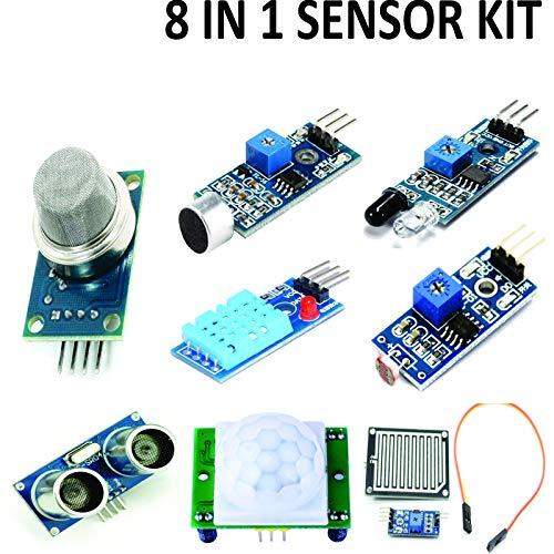 8 In 1 Mini Sensor Kit with PIR, Ultrasonic Sensor, IR Sensor, LDR, Rain Sensor, Sound Sensor, Mq- 2 Gas Sensor, DHT 11 - Robotbanao.com