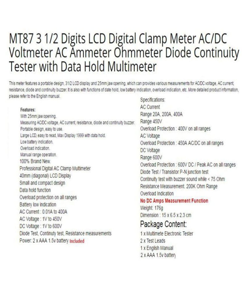 MT-87 Digital Clamp Meter for Measuring AC/DC Voltage, AC Current, Resistance, Data Hold - Robotbanao.com